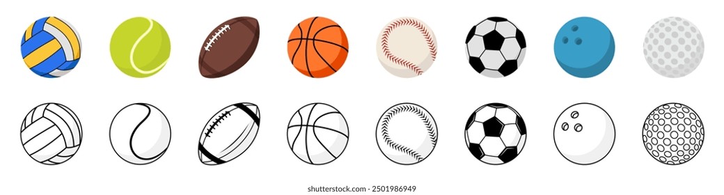 Sports balls icon set. Sport equipment set. Flat and linear style.