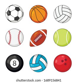 Sports balls icon vector set isolated on white background. Soccer and baseball, football game, rugby and tennis.