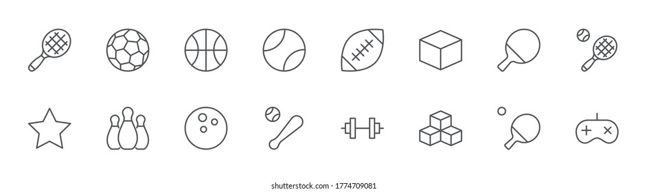 Sports Balls Icons, Hobbies, Football Basketball Bowling Tennis. Editable Stroke