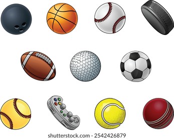 Ícones de bolas de esporte, incluindo futebol, basquete e jogo de símbolos de beisebol