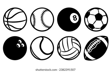 sports balls Icons vector set silhouette graphics. Illustration of American football and soccer, baseball, basketball, bowling, snooker volleyball and tennis.