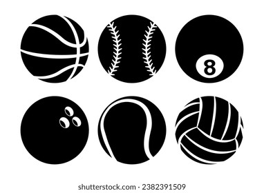 sports balls Icons vector set silhouette graphics. Illustration of football, soccer ball, golf, baseball, basketball, bowling, snooker, volleyball and tennis.