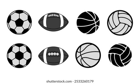 Sports balls Icons vector set silhouette graphics. Illustration of American football and soccer, basketball and volleyball.