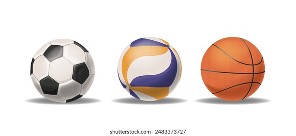 Pelotas Deportivas, Incluyendo Una Pelota De Fútbol, Voleibol Y Baloncesto. Imagen de Vector 3d realista exhibe equipos deportivos