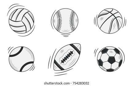 Sports balls isolated on white background. Doodle, sketch style. Vector illustration.