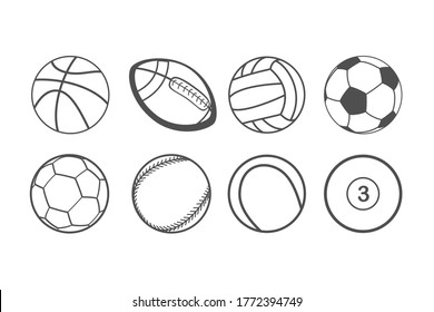 Sports Balls Line Vector Icon Set. Soccer, Football, Tennis, Bowling, Basketball, Volleyball, Rugby, Pool, Baseball.