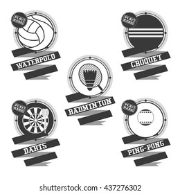  Sports Balls logo.  Croquet, badminton, darts, water polo, ping pong.