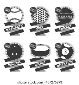  Sports Balls logo. Golf, hockey, billiard, baseball, bowling, cricket.