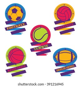 Sports balls logos. Football, volleyball, basketball, american football, tennis.