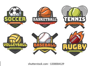 Sports balls logos. Sport logo ball soccer basketball volleyball football rugby tennis baseball badge team club game emblem vector set