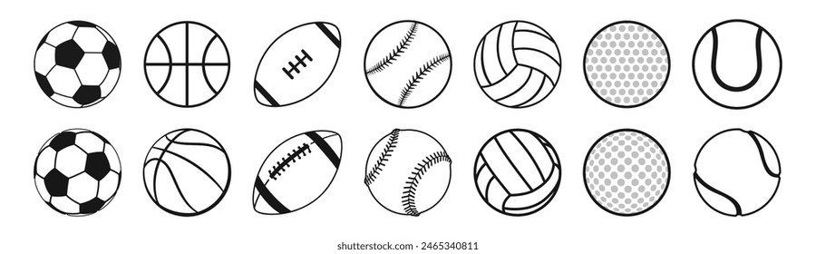 Sports balls minimal flat icon set. Baseball, American Football, Soccer, Volleyball, Golf, Basketball, Tennis. Trendy logo designs