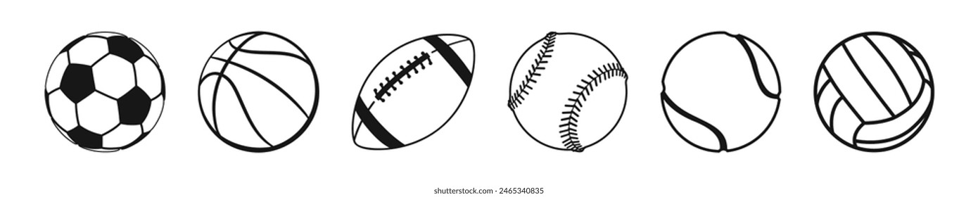 Conjunto de iconos planos mínimos de las bolas deportivas. Vector Bolas deportivas y Ilustraciones de equipo aisladas sobre fondo transparente