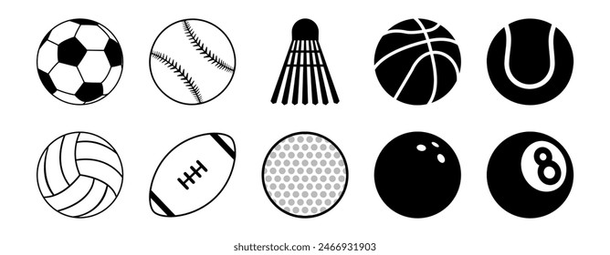 Sports balls minimal flat icon set. Baseball, American Football, Soccer, Volleyball, Golf, Basketball, Tennis. Trendy logo designs