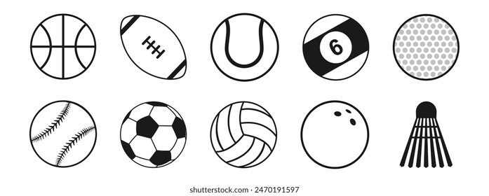 Sportbälle minimale flache Icon-Set. Vektorgrafik Sportbälle und Ausrüstungs-Illustrationen isoliert auf durchsichtigem Hintergrund