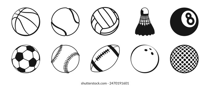 Conjunto de iconos planos mínimos de las bolas deportivas. Vector Bolas deportivas y Ilustraciones de equipo aisladas sobre fondo transparente