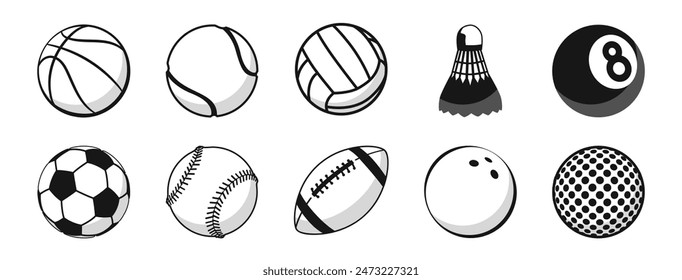 Sports balls minimal flat icon set. Baseball, American Football, Soccer, Volleyball, Golf, Basketball, Tennis. Trendy logo designs