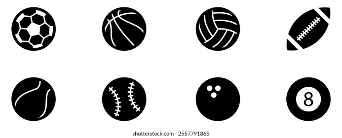 Sports balls minimal flat icon set. Baseball, American Football, Soccer, Volleyball, Golf, Basketball, Tennis, Billiards, Boiling. Vector Illustration. EPS 10