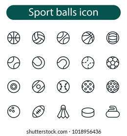 Sports Balls Minimal Flat Line Vector Icon Set. Soccer, Football, Tennis, Golf, Bowling, Basketball, Hockey, Volleyball, Rugby, Pool, Baseball, Ping Pong.