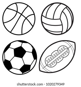 Sports Balls Minimal Flat Line Vector Icon Set. Soccer, Football, Basketball, Volleyball, Rugby