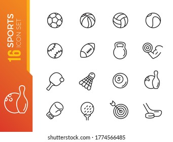 Sports Balls Minimal Flat Line Vector Icon Set. Soccer, Football, Tennis, Golf, Bowling, Basketball, Hockey, Volleyball, Rugby, Pool, Baseball, Ping Pong