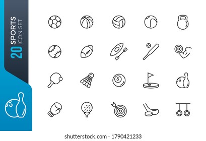 Sports Balls Minimal Flat Line Vector Icon Set. Soccer, Football, Tennis, Golf, Bowling, Basketball, Hockey, Volleyball, Rugby, Pool, Baseball, Ping Pong