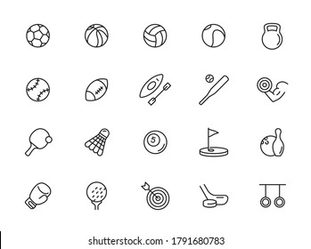 Sports Balls Minimal Flat Line Vector Icon Set. Soccer, Football, Tennis, Golf, Bowling, Basketball, Hockey, Volleyball, Rugby, Pool, Baseball, Ping Pong