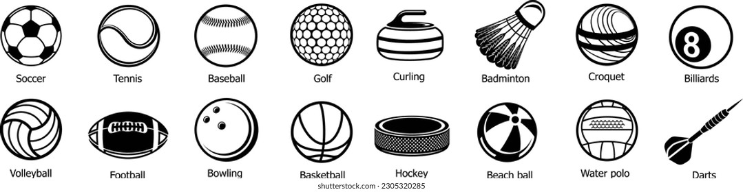 Bandejas deportivas Mínima Línea plana de Vector Set de iconos. Fútbol, Fútbol, Tenis, Golf, Bowling, Baloncesto, Hockey, Voleibol, Rugby, Piscina, Béisbol, Ping Pong.