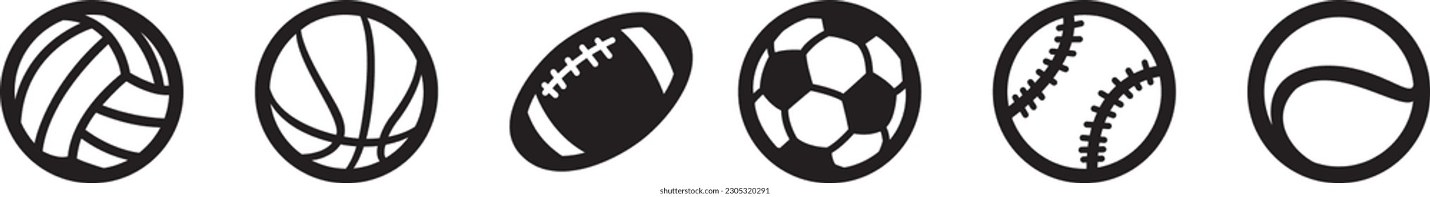 Sports Balls Minimal Flat Line Vector Icon Set. Soccer, Football, Tennis, Golf, Bowling, Basketball, Hockey, Volleyball, Rugby, Pool, Baseball, Ping Pong.