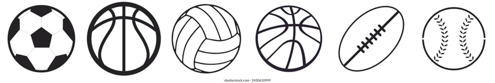 Sports Balls Minimal Flat Line Vector Icon Set. Soccer, Football, Tennis, Golf, Bowling, Basketball, Hockey, Volleyball, Rugby, Pool, Baseball, Ping Pong.