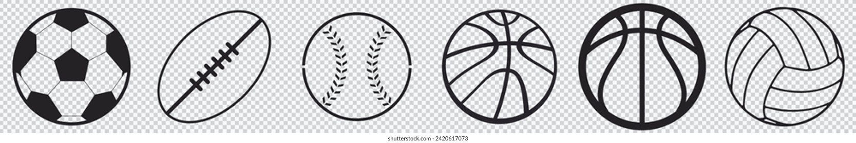 Sports Balls Minimal Flat Line Vector Icon Set. Soccer, Football, Tennis, Golf, Bowling, Basketball, Hockey, Volleyball, Rugby, Pool, Baseball, Ping Pong.