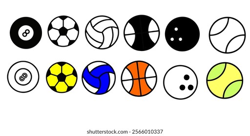 Sports Balls Minimal Flat Line Vector Icon Set. 