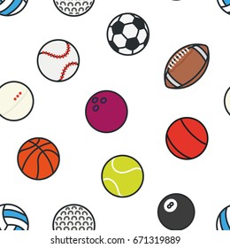 Sports Balls Minimal Flat Line Vector Seamless Pattern. Soccer, Football, Tennis, Golf, Bowling, Basketball, Hockey, Volleyball, Rugby, Pool, Baseball, Ping Pong.