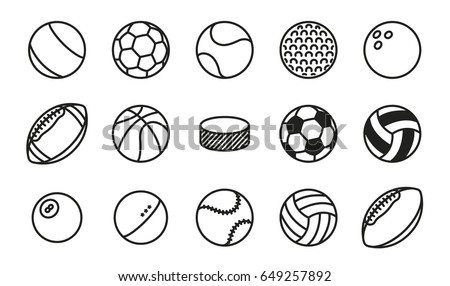 Sports Balls Minimal Flat Line Vector Icon Set. Soccer, Football, Tennis, Golf, Bowling, Basketball, Hockey, Volleyball, Rugby, Pool, Baseball, Ping Pong.
