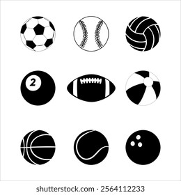 Sports Balls Minimal Flat silhouette Vector Icon Set. Sport balls set. Soccer, Football, Tennis, Bowling, Basketball, Volleyball, Rugby, Pool, Baseball. Ball icons.