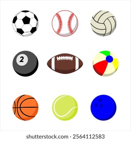 Sports Balls Minimal Flat Vector Icon Set. Sport balls set. Soccer, Football, Tennis, Bowling, Basketball, Volleyball, Rugby, Pool, Baseball. Ball icons.