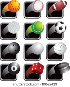 Sports balls on black square web buttons