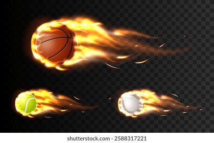 Sports balls on fire. Burning sphere. Flying circle motion. Tennis and baseball championship. Athletic game. Speed flight. Heat kick. Fiery tournament. Hot competition