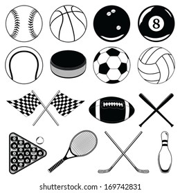 Sports Balls and Other Items is an illustration of balls and other sports related Items. Includes baseball, football, soccer and many others.