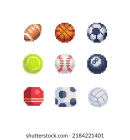 Sports balls pixel art icons set, baseball american sport, basketball, football ball and rugby isolated vector illustration. sports equipment, accessories. Design for logo and app. Game assets 8-bit.