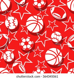 Sports balls in red and white seamless pattern .