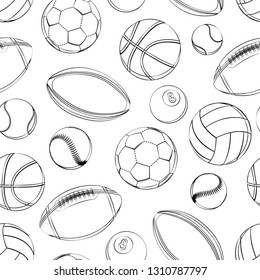 Sports balls seamless pattern. soccer, football, tennis, baseball, basketball, rugby, american football, volleyball. black and white outline