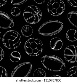 Sports balls seamless pattern. soccer, football, tennis, baseball, basketballblack and white outline