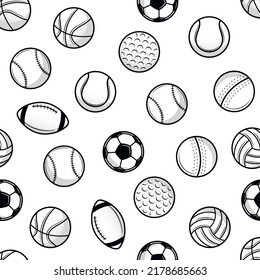 Sports Balls Seamless Pattern. Vintage Sports Balls Isolated On White Background. Vector Illustration