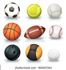 Sports Balls Set/
Illustration of a set of popular sports balls and bowls equipment, for football, soccer, rugby, tennis, volleyball, basketball, baseball, gulf, medicine ball for fitness and bowling