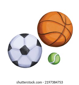 Baloncesto deportivo fútbol, baloncesto y pelota de tenis con pincel acuarela arrebatos de arte tradicional ilustraciones vectoriales aisladas en fondo blanco