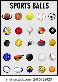 Sports balls for various sports games are a realistic vector illustration set of 25 balls.