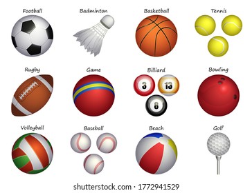 Sports balls vector big set isolated on white background. Realistiс vector illustration for web design, logo, icon, app, UI. Isolated stock illustration on white.