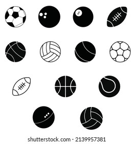   bola deportiva vector gran juego Ilustración del fútbol y el béisbol, juego de fútbol y tenis Juego de iconos de vectores minimales de línea plana. Fútbol, fútbol, cricket, golf, bolos, baloncesto