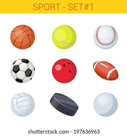 Sports balls vector icon set. Basketball, tennis, baseball, football, soccer, volleyball, bowling, hockey, golf. Sport collection.