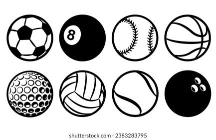 Sports Balls Vector Icon Set. Soccer, Football, Golf, Bowling, Basketball, Volleyball, Pool, Baseball and Tennis.